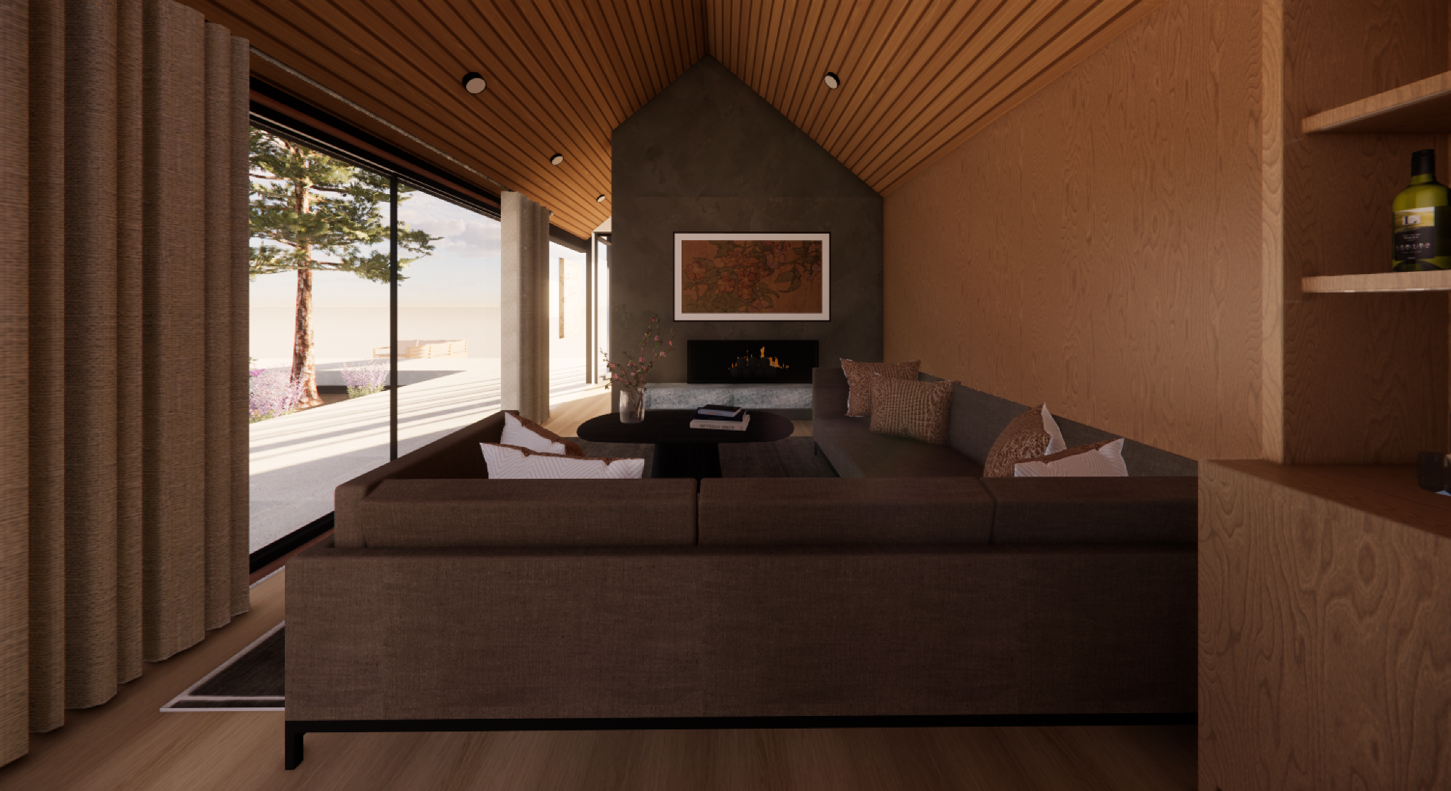 Pine Brook Hills Residence living area and fireplace design visualization