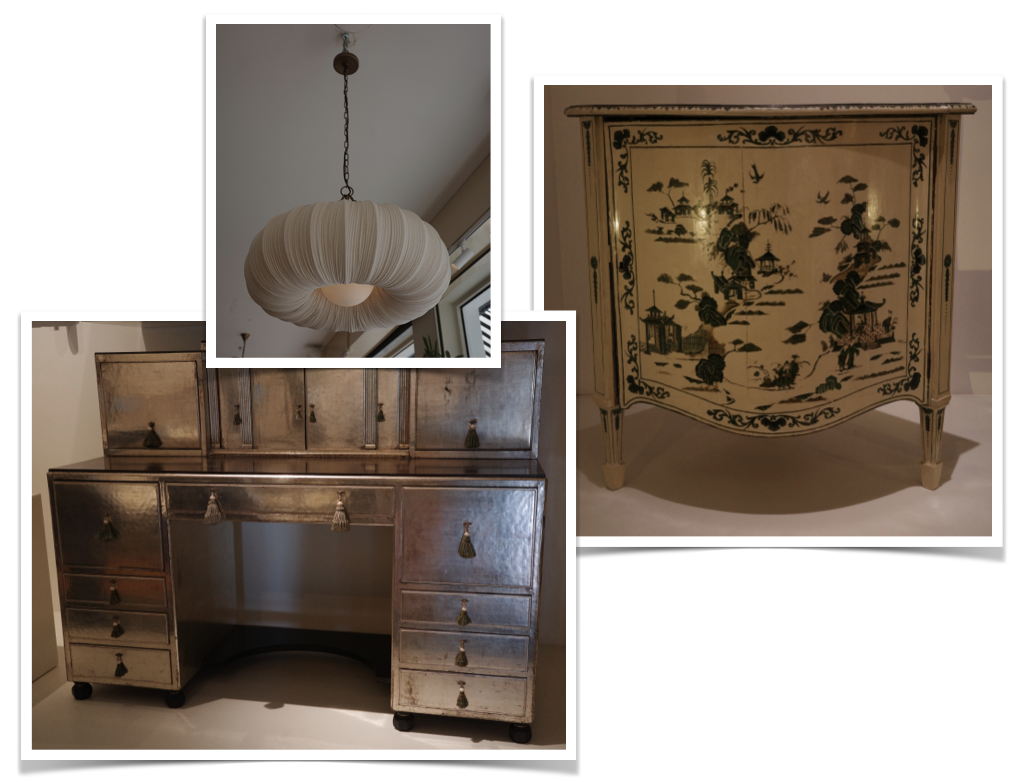 Furniture and lighting collage with antique desk, decorative cabinet and sculptural pendant